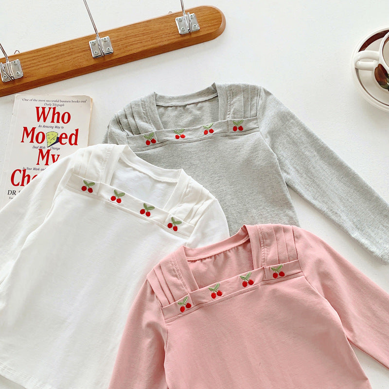 Autumn New Design Kids Girls Square Neck Long Sleeves Cherry Embroidery Pattern Top Shirt