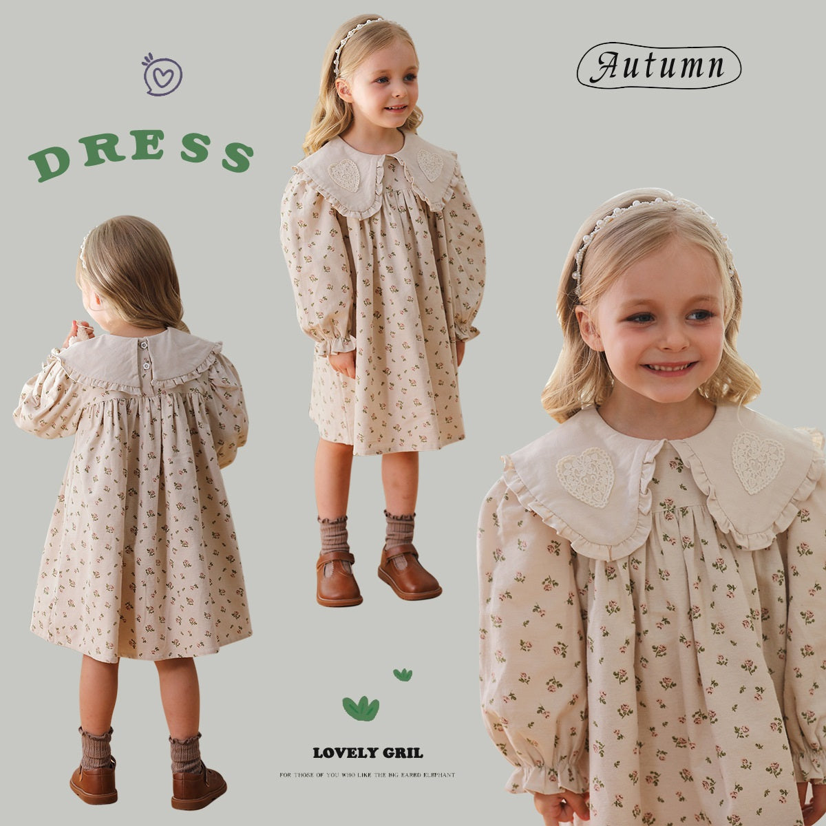 Arrival Autumn Girls Heart Embroidery Pattern Collar Long Sleeves Floral Dress