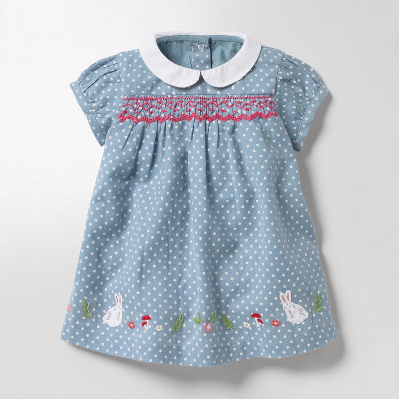 Summer New Arrival Girls Short Sleeves Rabbits Cartoon White Dots Peter Pan Collar Dress