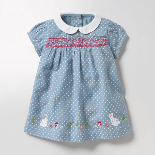 Summer New Arrival Girls Short Sleeves Rabbits Cartoon White Dots Peter Pan Collar Dress