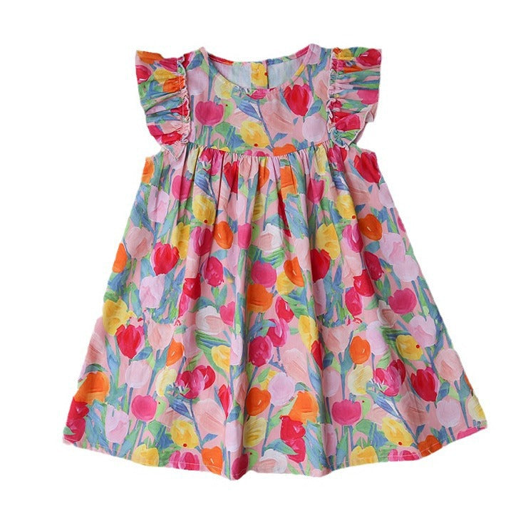 Summer New Arrival Kids Girls Fly Sleeves Tulip Flowers Pattern Dress