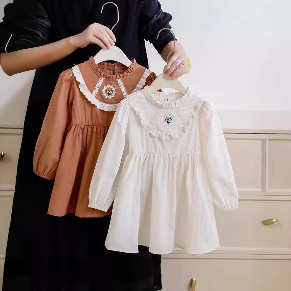 Autumn Kids Girls Simple Long Sleeves Ruffle Neck Floral Embroidery Dress
