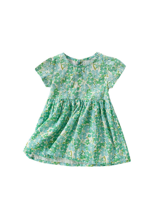 Summer New Design Girls’ Oil Painting Flowers Pattern Short Sleeves Crew Neck Dress