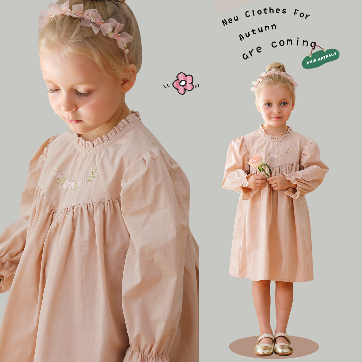 Arrival Autumn Girls Simple Ruffle Neck Long Sleeves Flowers Embroidery Pattern Dress