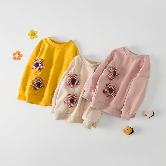 Autumn New Design Kids Girls Crew Neck Long Sleeves 3D Flowers Pattern Attached Top Pullover Shirt