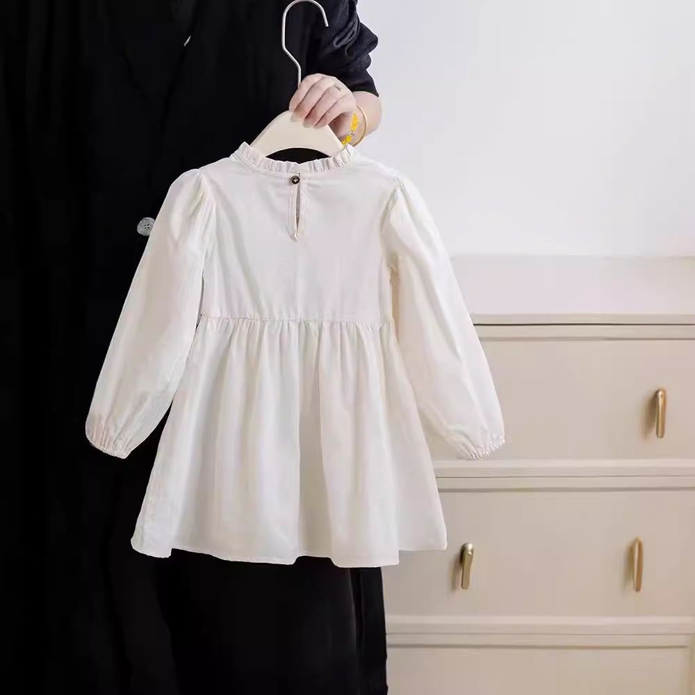 Autumn Kids Girls Simple Long Sleeves Ruffle Neck Floral Embroidery Dress