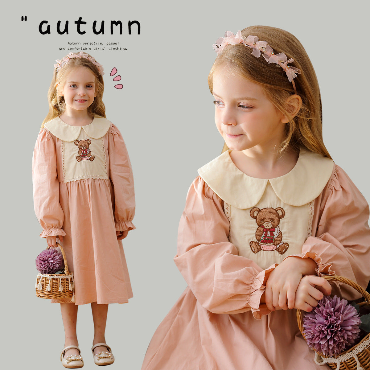 New Arrival Autumn Girls Pink Long Sleeves Dress with Teddy Embroidery Pattern