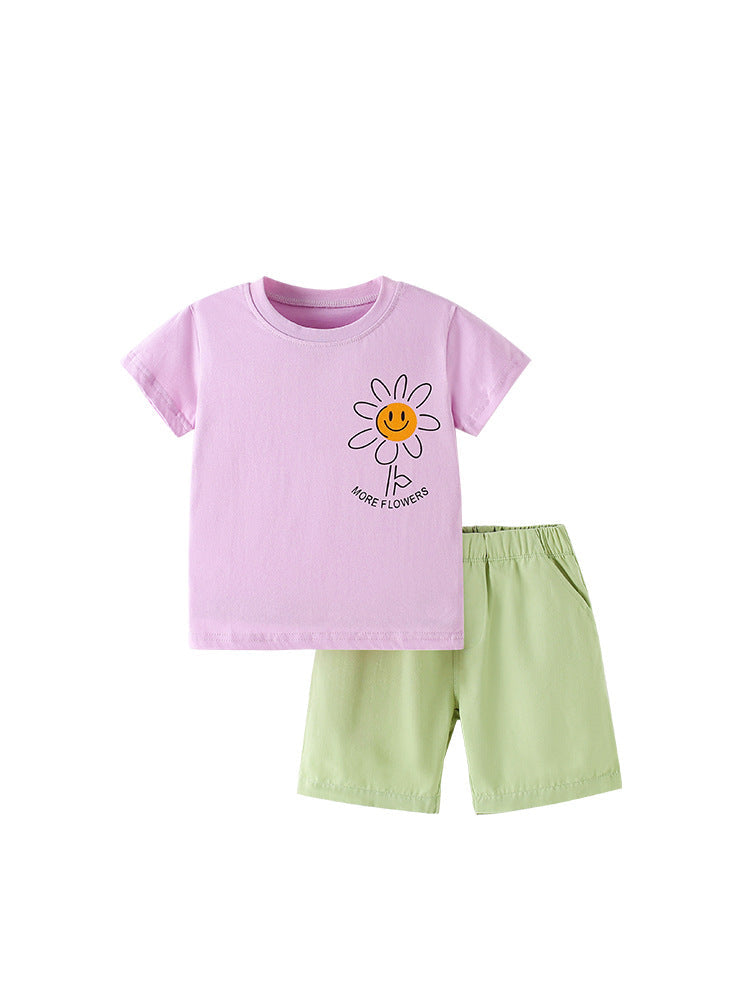 Summer Baby Kids Casual Flower Cartoon Pattern T-shirt and Shorts Clothing Set