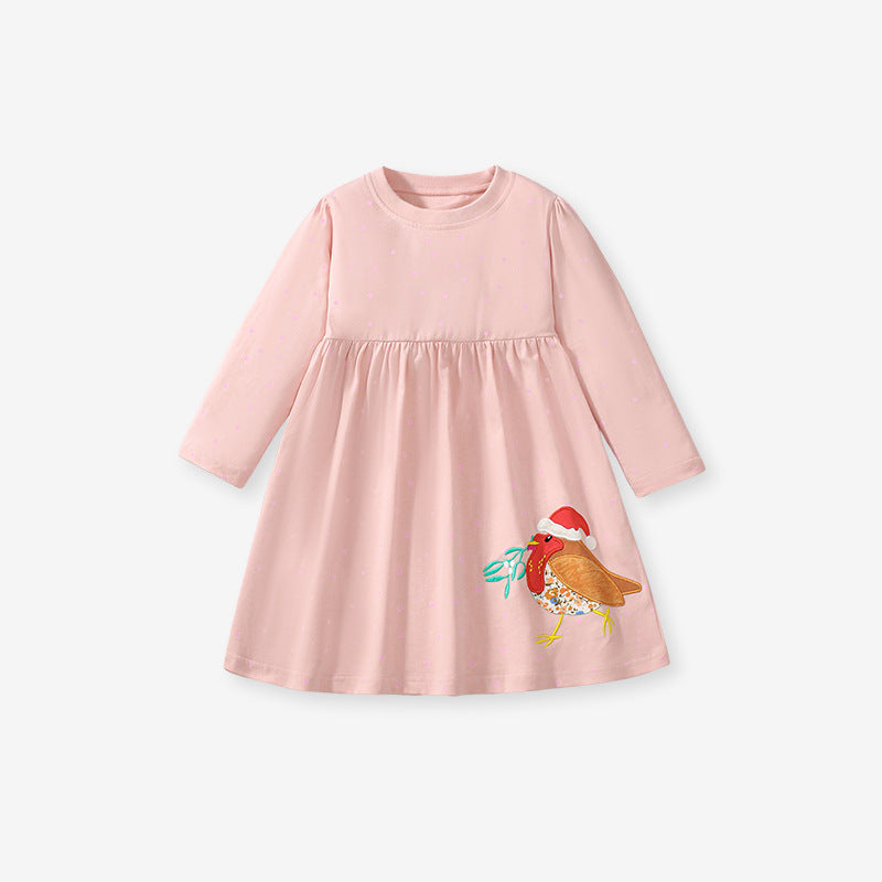 High Quality Autumn Girls Long Sleeves Sparrow Bird Pattern Crew Neck Long Sleeves Dress