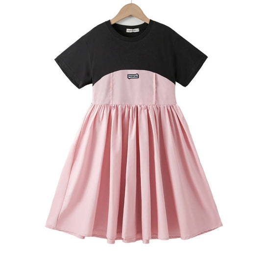 New Arrival Summer Kids Girls Fashion Color Patchwork Cotton Short Sleeves Dress