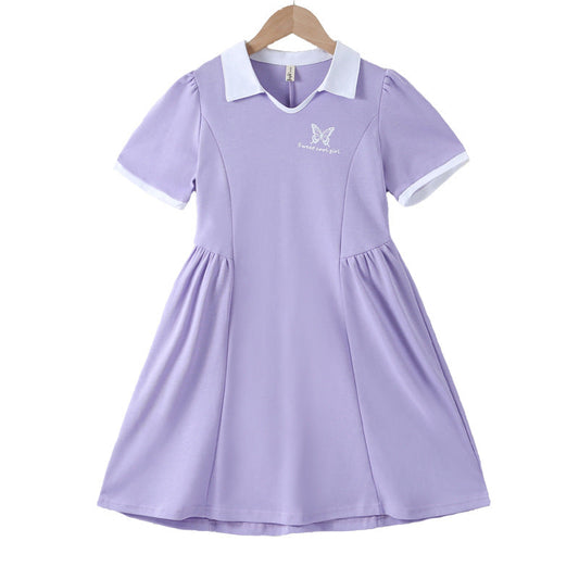 Hot Selling Summer Kids Girls Sports Style Purple Short Sleeves Turn-Down Collar Dress