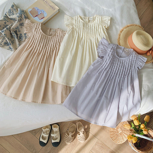 Summer New Arrival Kids Girls Fly Sleeves Solid Color Pleated Dress