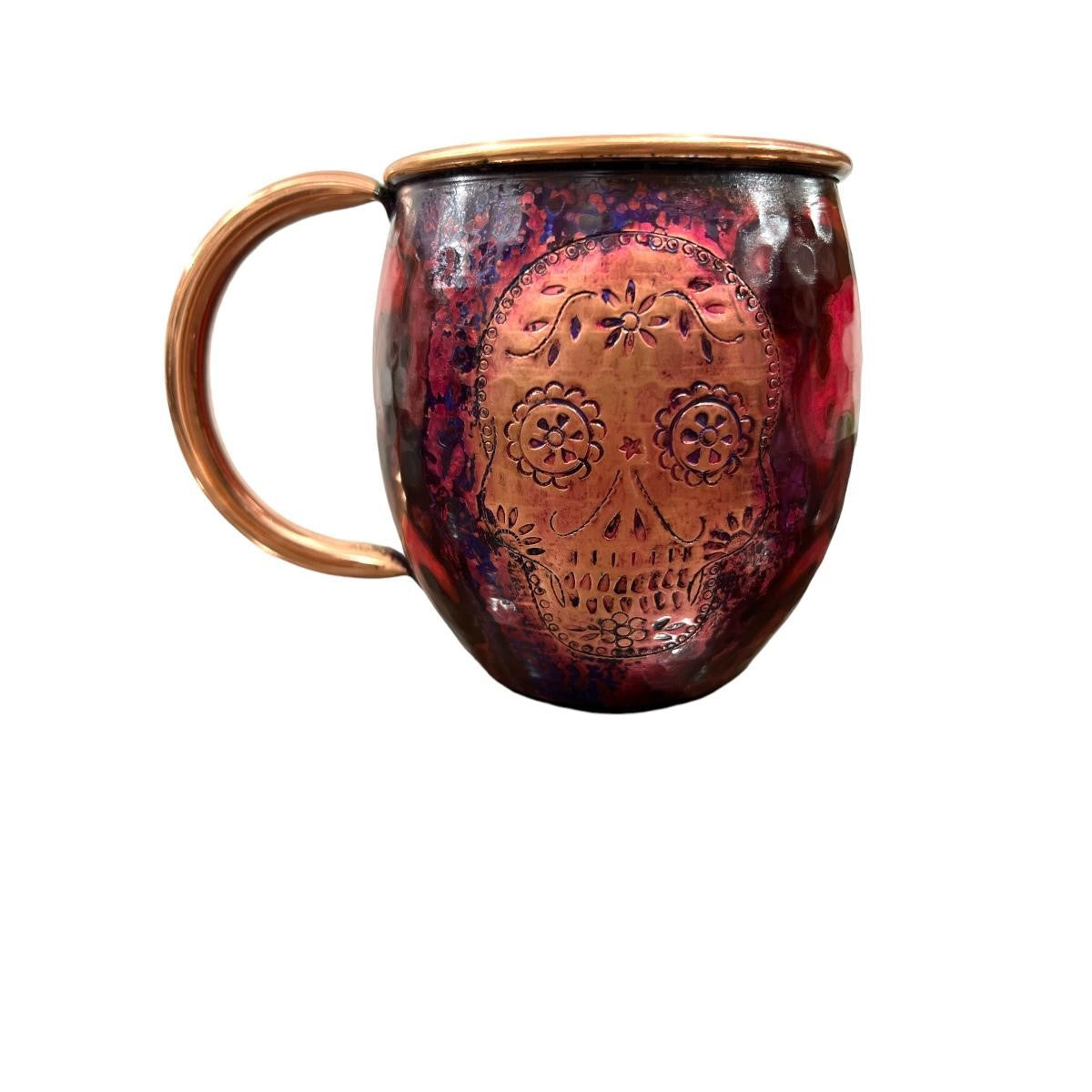 Set of Two Copper Barrel Mugs with Chiselled Skull (Day of the Dead), Hammered and Purple Marbled Finish