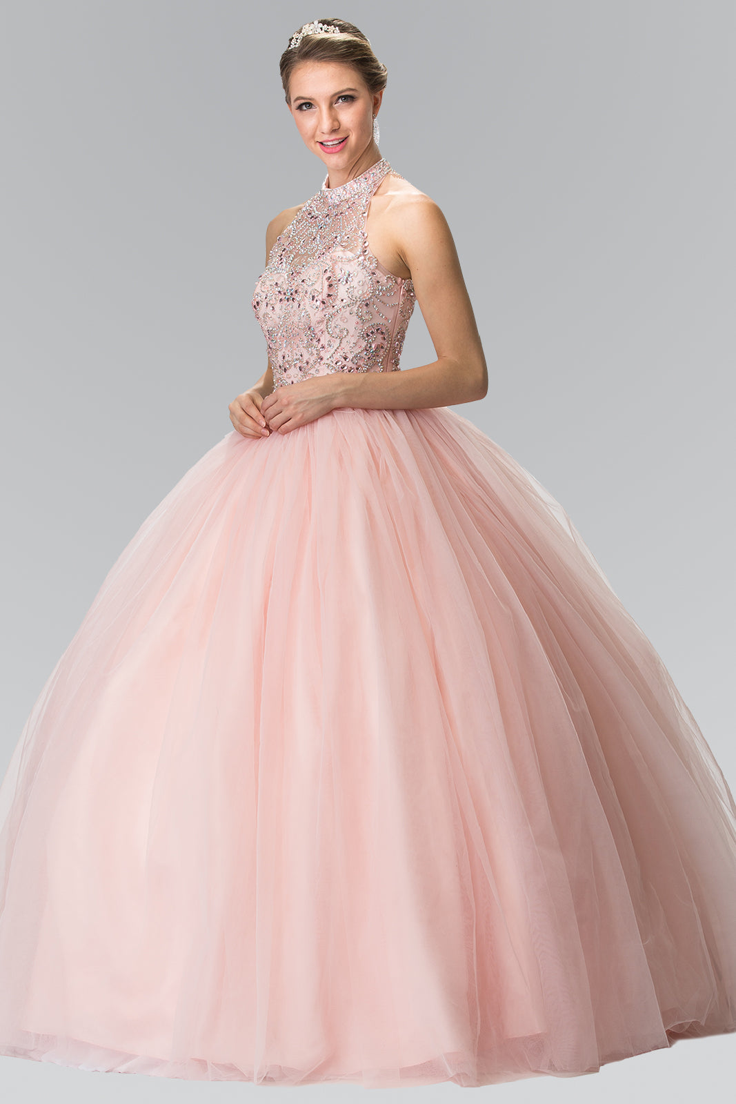 Mesh High Neck Quinceanera Dress with Beaded Bodice and Corset Back GLGL2206-0