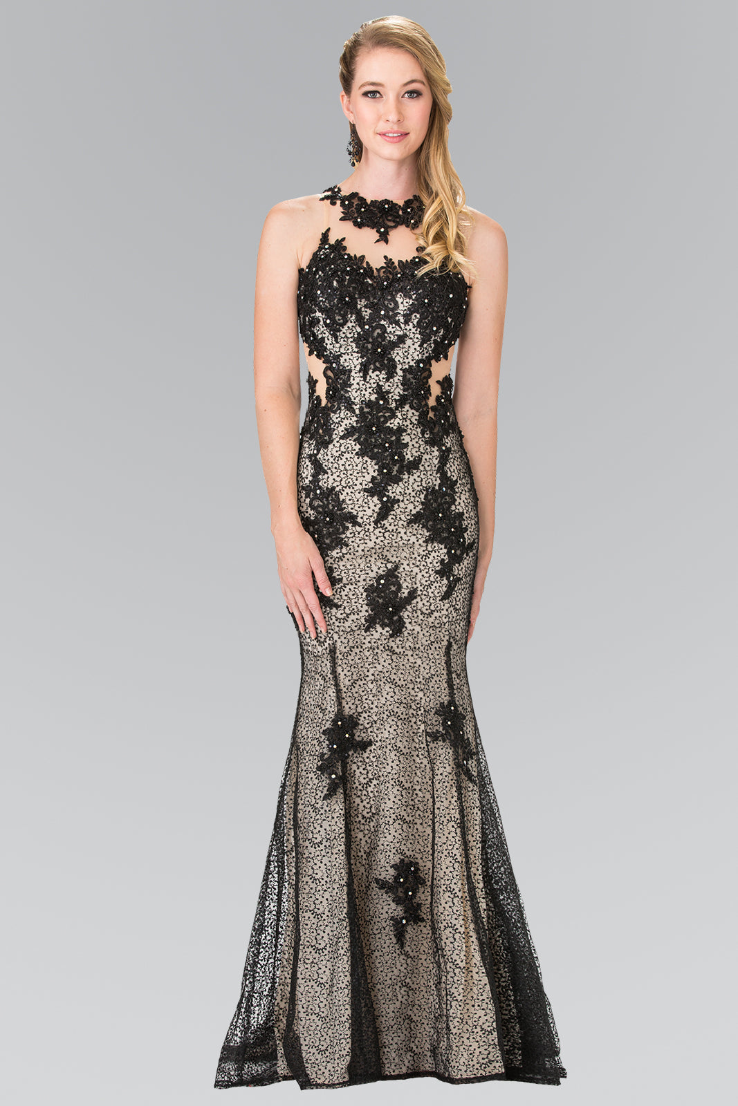 High Neck Mermaid Long Lace Dress with Embroidered Illusion Bodice GLGL2220-0