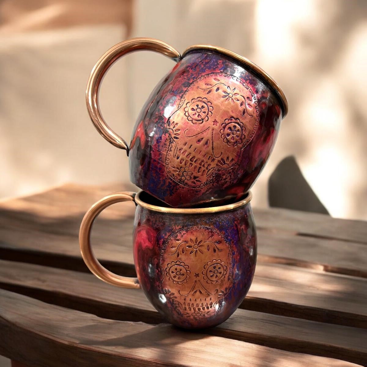 Set of Two Copper Barrel Mugs with Chiselled Skull (Day of the Dead), Hammered and Purple Marbled Finish