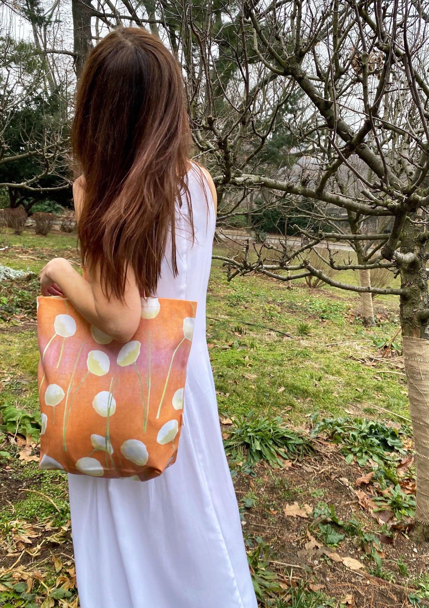 Tote Bag: Cream Flowers on Orange