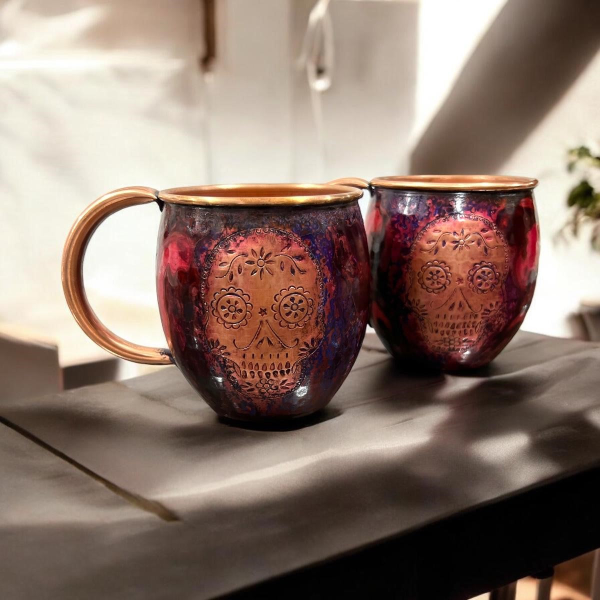 Set of Two Copper Barrel Mugs with Chiselled Skull (Day of the Dead), Hammered and Purple Marbled Finish