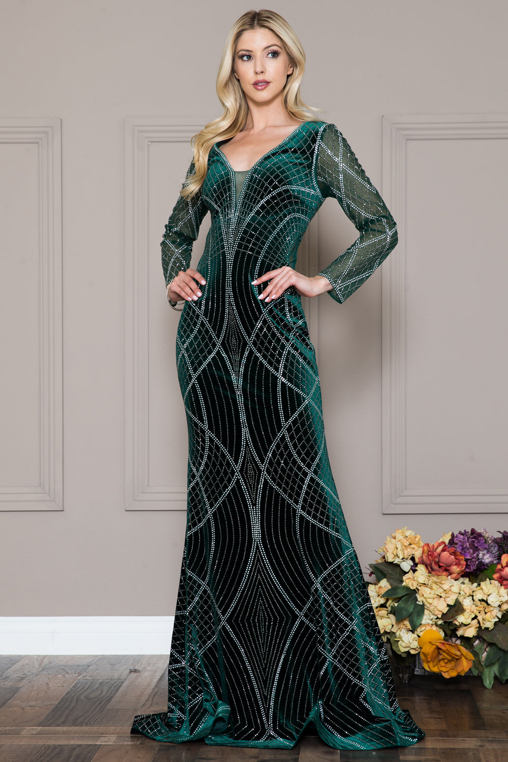 Long Sleeve Fitted Rhinestone Velvet V-Neckline Long Mother Of The Bride Dress AC3005-0