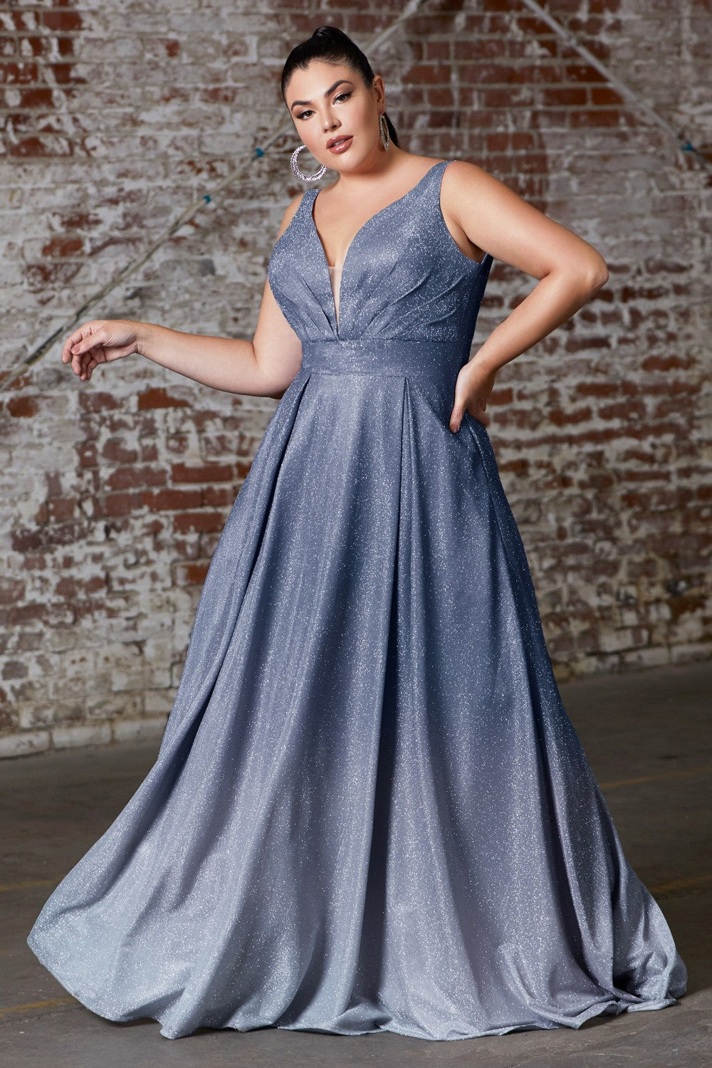 Glitter Ombre Ball & Prom Plus Size Gown Luxury Style Golden Appliqué Fitted V-neck Bodice Gradient A-line Curvy Dress CD9174C-2