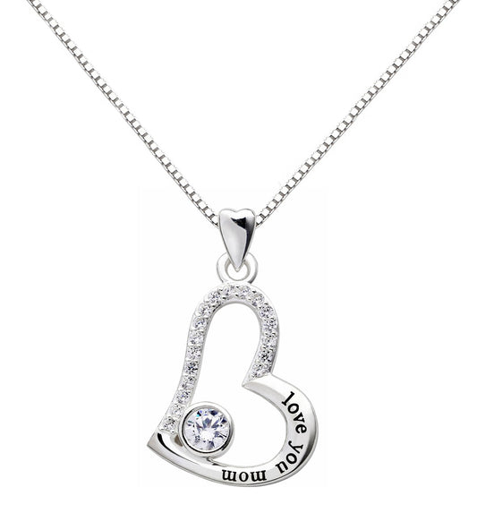 "I Love you MOM" Heart Necklace Embellished with  Crystals in 18K White Gold Plated-0