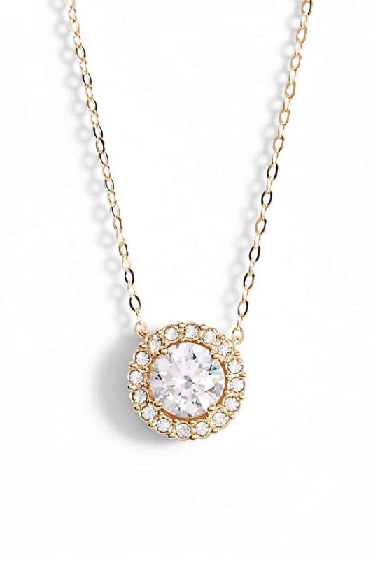 1.00 CT  Crystal Halo Disc Necklace 18" - 18K Gold Plated-0