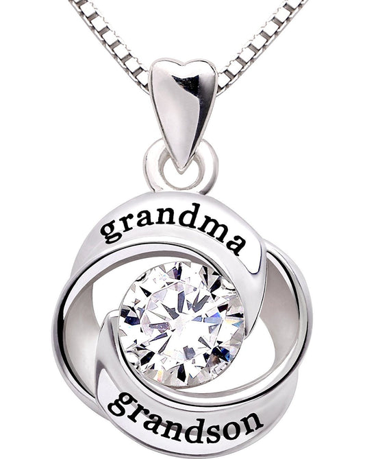 "GRANDMA GRANDSON" Heart Necklace Embellished with  Crystals in 18K White Gold Plated-0