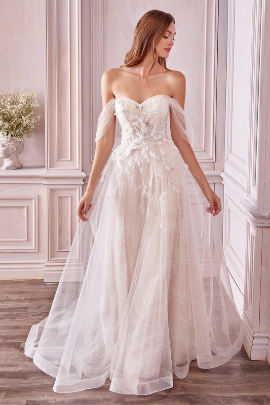 Off the Shoulder Romantic Bridal Gown Floral Appliqué A-line Dress Modern Boho Wedding Ceremony Modern Sensual Bride CDA0822-0