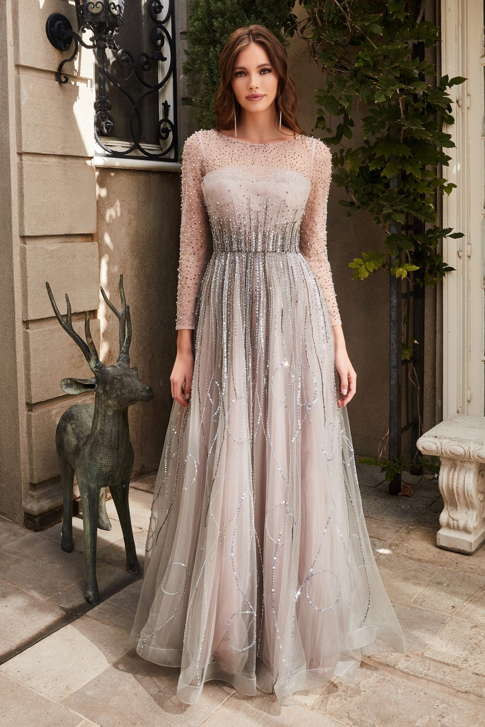 Long Sleeve A-Line Prom & Bridesmaid Charming gown Modest Sequin Evening Gala Formal Shimmer Dress Appliqué Boat Neck Bodice CDB701-0