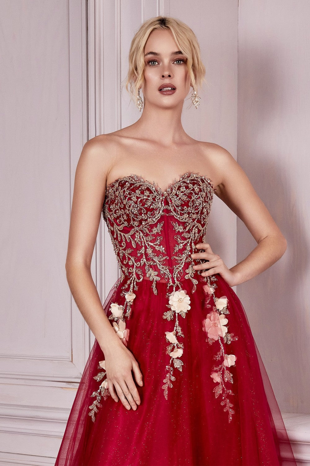 Strapless Layered Tulle Ball & Prom Gown Structured Embroidered Sequin Appliqué Corset Floral Vintage Dress A-line Skirt CDCD0191-2