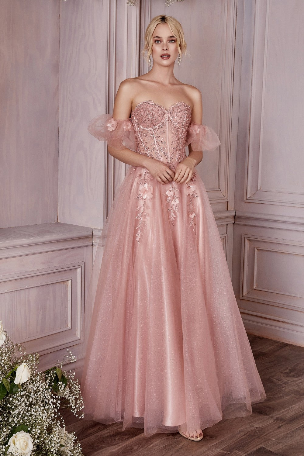 Strapless Layered Tulle Ball & Prom Gown Structured Embroidered Sequin Appliqué Corset Floral Vintage Dress A-line Skirt CDCD0191-1