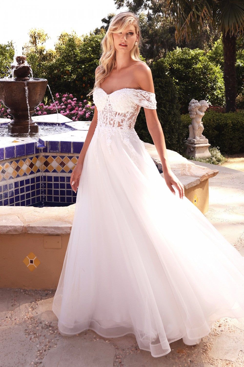 Lace Off Shoulder Bridal & Wedding Gown Embellished Floral Laced Bodice A-line Tulle Skirt Modern Vintage Evening Dress CDCD961W-0