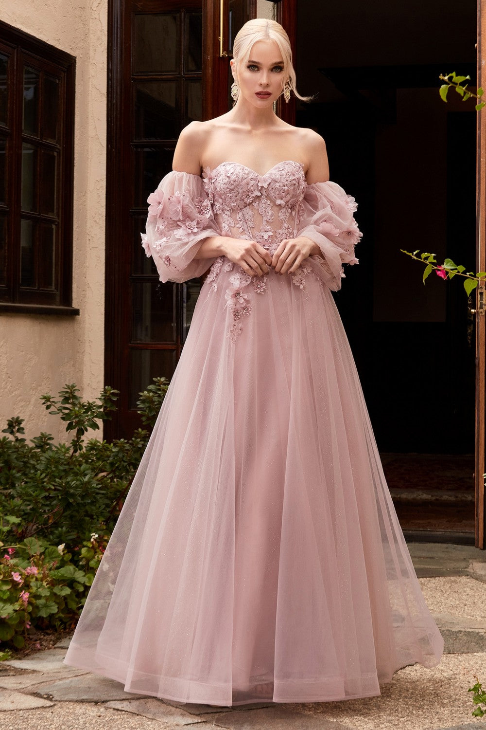 Vintage Sweet Princess Style Strapless Off Shoulder Prom & Evening Gown 3D Floral Appliqués Romantic Vibes Dress CDCD962-3