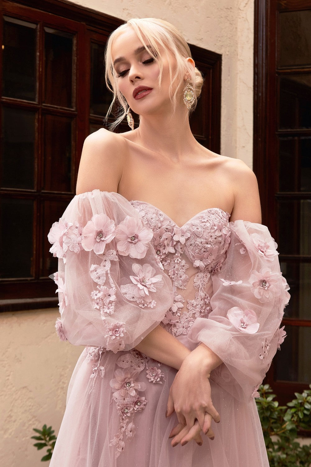 Vintage Sweet Princess Style Strapless Off Shoulder Prom & Evening Gown 3D Floral Appliqués Romantic Vibes Dress CDCD962-1