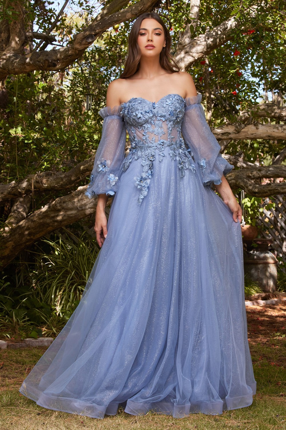 Vintage Sweet Princess Style Strapless Off Shoulder Prom & Evening Gown 3D Floral Appliqués Romantic Vibes Dress CDCD962-5