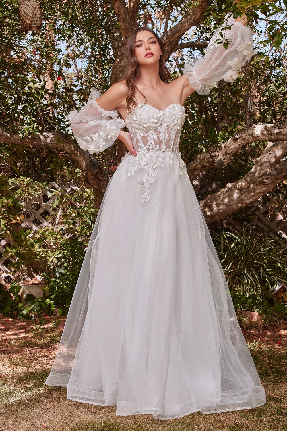 Lace Vintage Sweet Princess Style Strapless Off Shoulder Wedding & Bride Gown 3D Floral Appliqués Romantic Vibes Dress CDCD962W-0