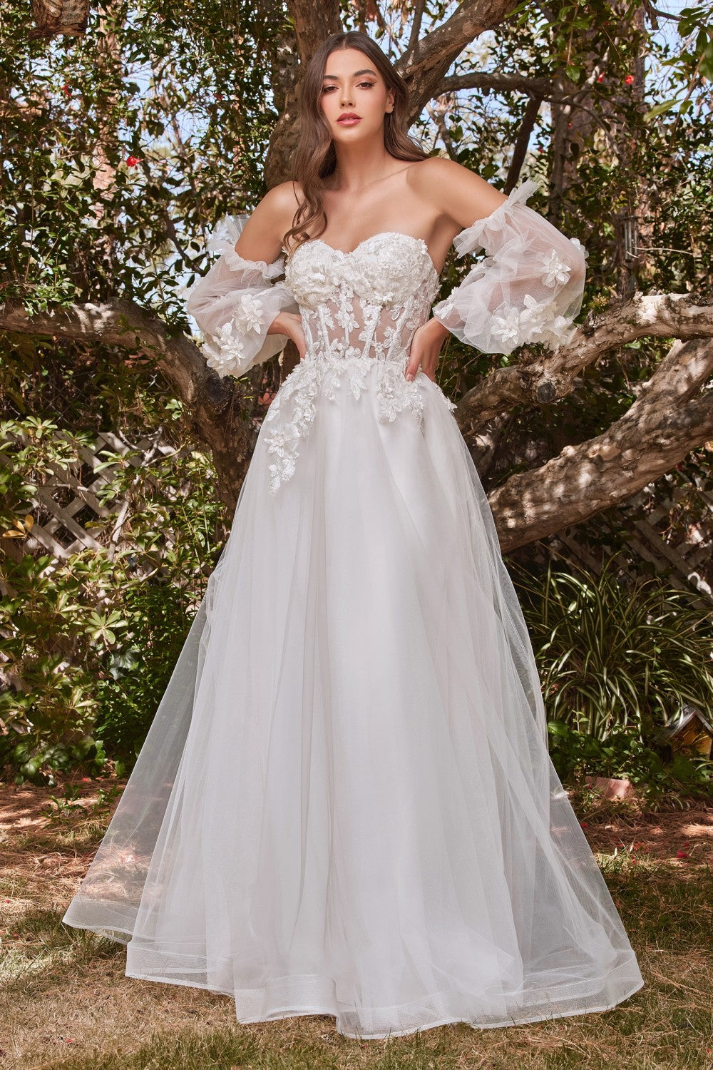 Lace Vintage Sweet Princess Style Strapless Off Shoulder Wedding & Bride Gown 3D Floral Appliqués Romantic Vibes Dress CDCD962W-3