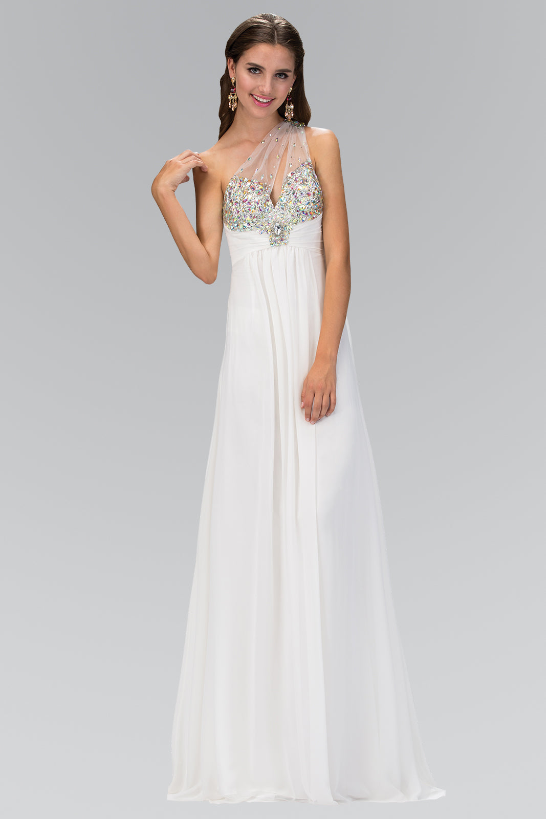 One Shoulder Chiffon Long Dress with Jewel Embellished Bodice and Ruched Waistline GLGL1138-0