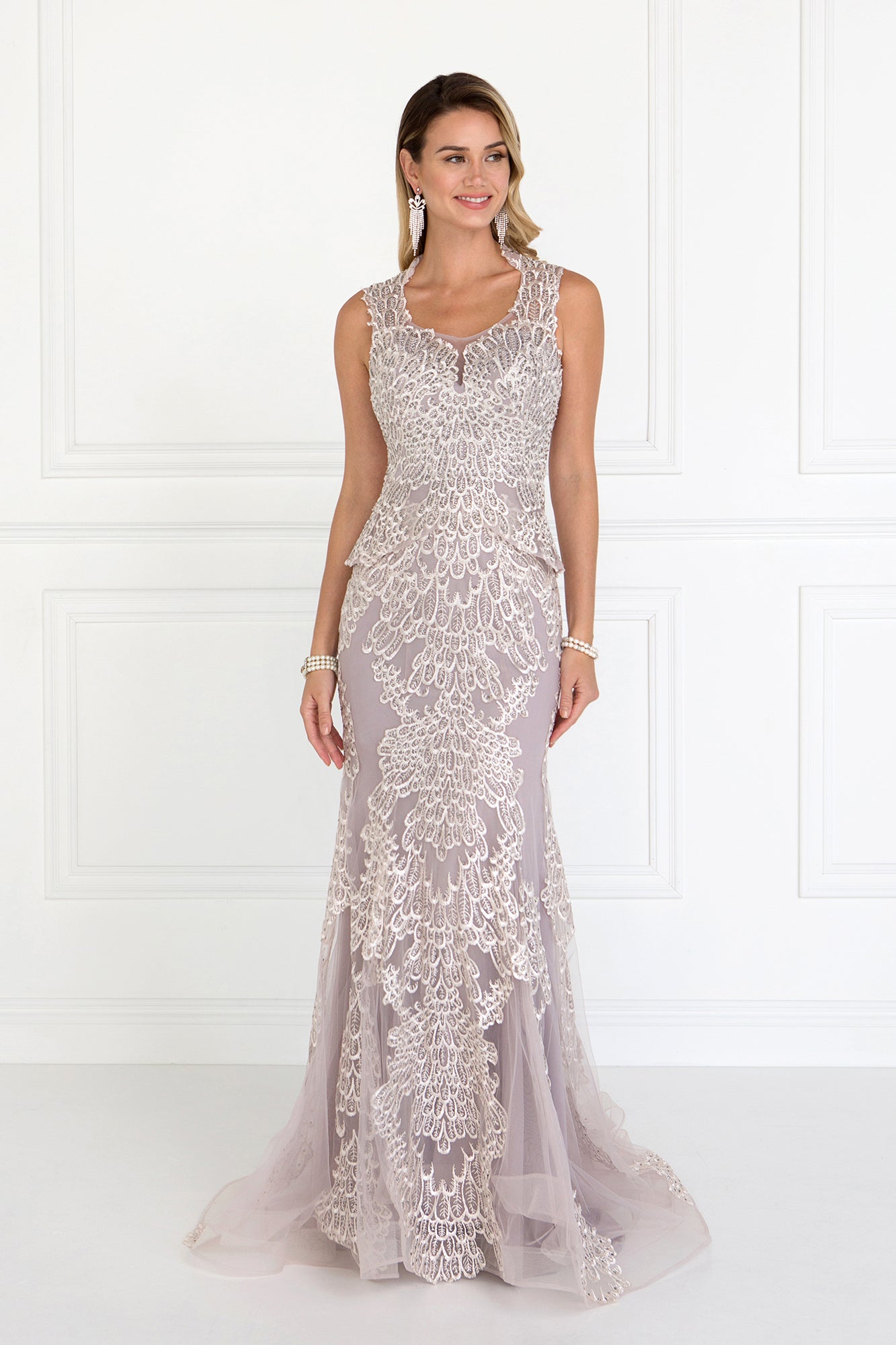 Mesh Mermaid Long Dress with Embroidery and Jewels Embellished GLGL1530-0
