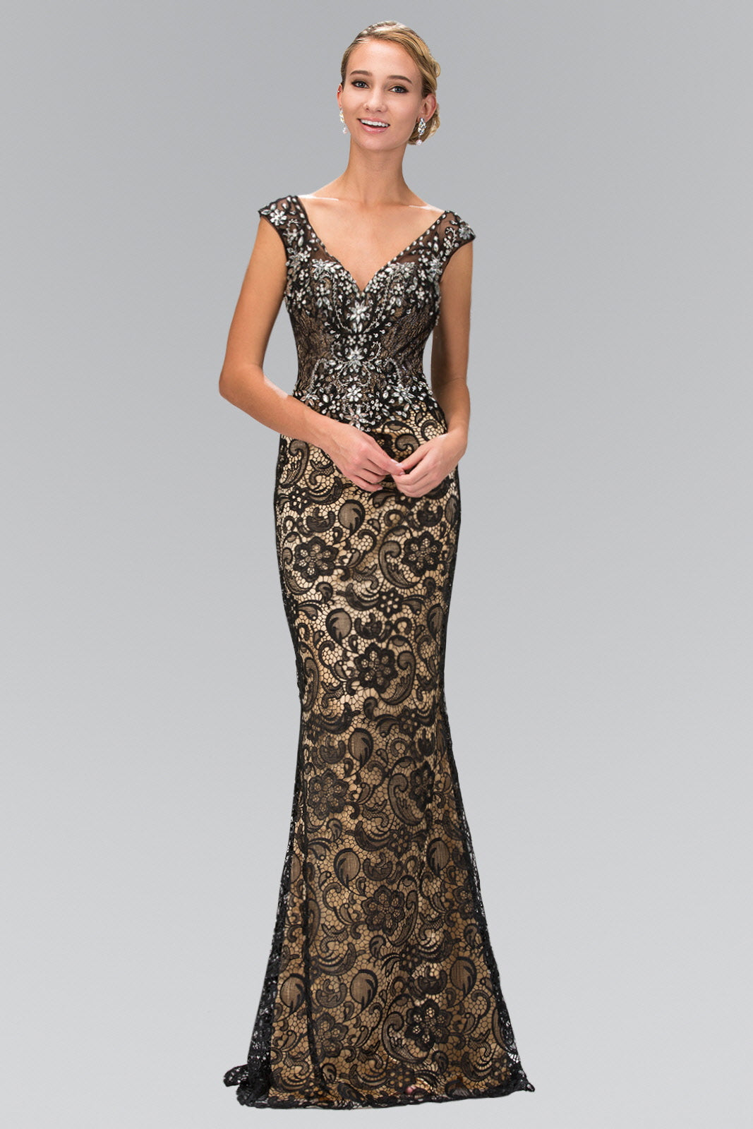 V-Neck Lace Embellished Long Dress with Jewel Detailing GLGL2059-0