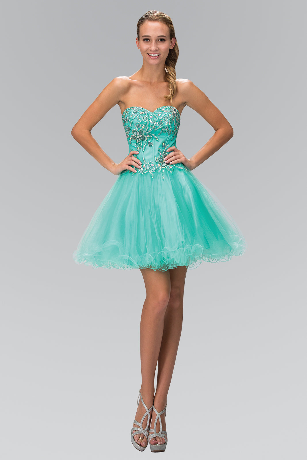 Strapless Sweetheart Tulle Short Dress with Jewel Embellished Bodice and Corset Back Detailing GLGS2132-0