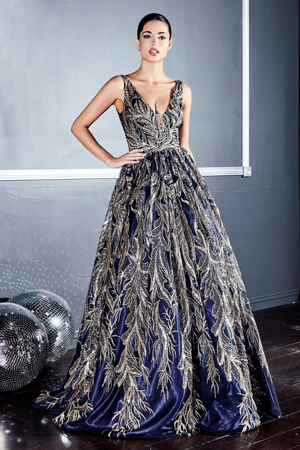 Floral glitter print prom & ball gown Luxury Elegant Evening Gala Appliqué Modern Dress V-neck Pointy Open Back Bodice CDJ812-2