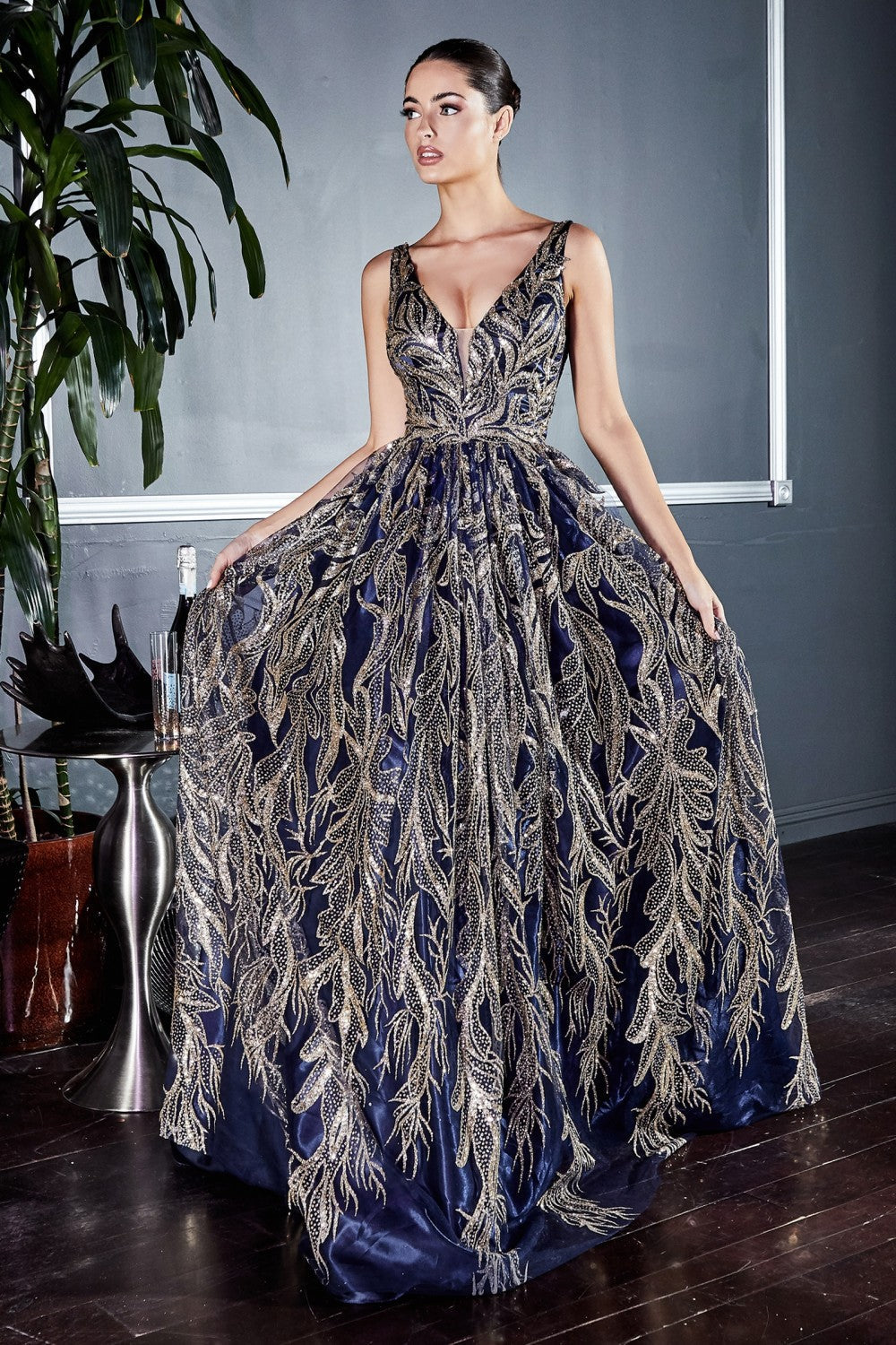 Floral glitter print prom & ball gown Luxury Elegant Evening Gala Appliqué Modern Dress V-neck Pointy Open Back Bodice CDJ812-0