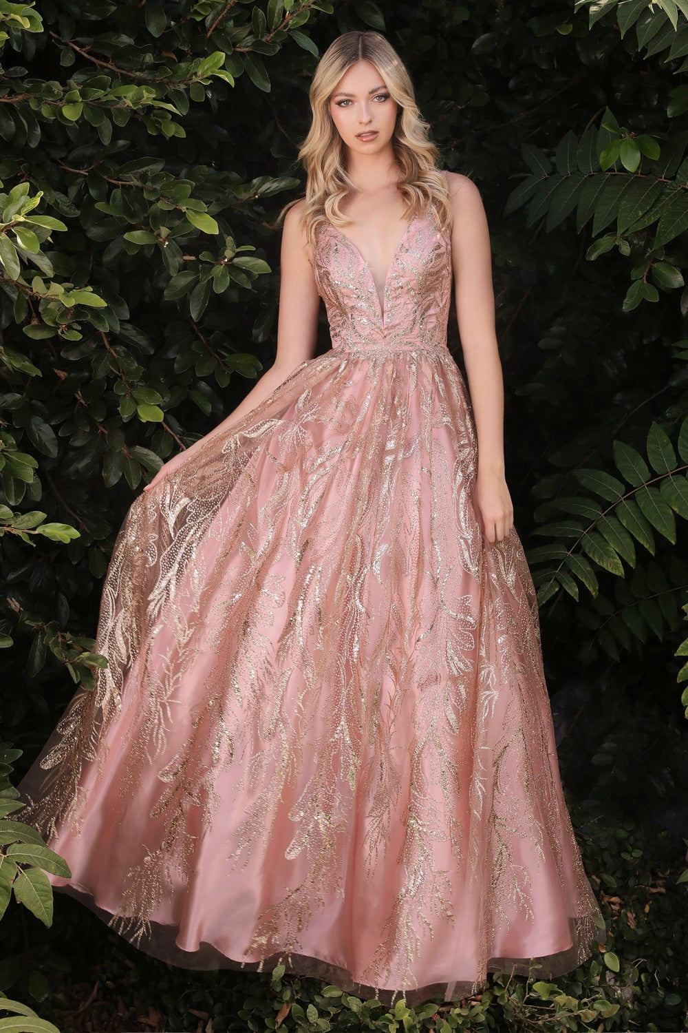 Floral glitter print prom & ball gown Luxury Elegant Evening Gala Appliqué Modern Dress V-neck Pointy Open Back Bodice CDJ812-3