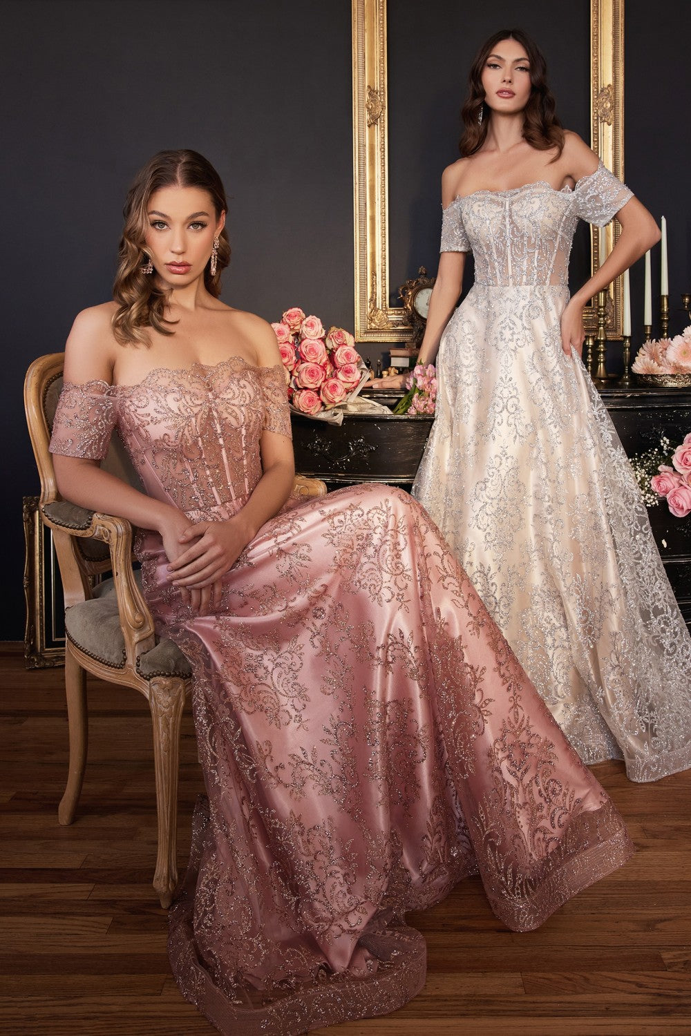 Off The Shoulder Sheer Sequin Bodice Appliqué glitter print a-line Prom & Bridesmaid gown Evening Gala Luxury Formal Dress CDJ835-0
